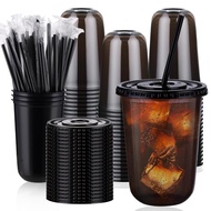 100 Set 16oz Plastic Cups with Lids and Straws, Disposable Black Clear Iced Coffee Cup with Lid, Rou