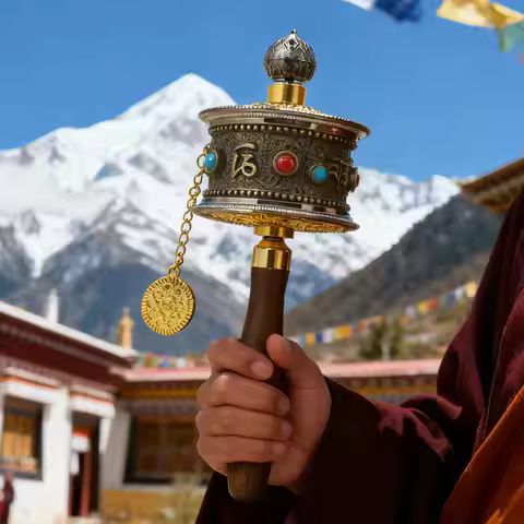 Tibetan Special Crafts Prayer Wheel Alloy Metal Hand Cranking Carving Crystal Decor Prayer Wheel Cra