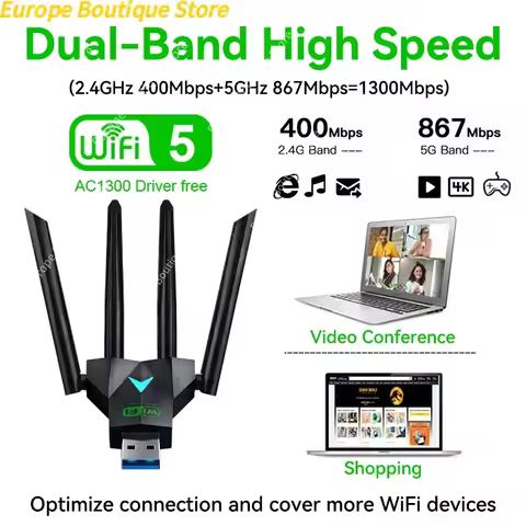 Dual Band 1300Mbps WiFi USB Adapter 2.4G/5Ghz Wi-Fi Dongle USB3.0 802.11AC 4-Antenna Wireless Receiv