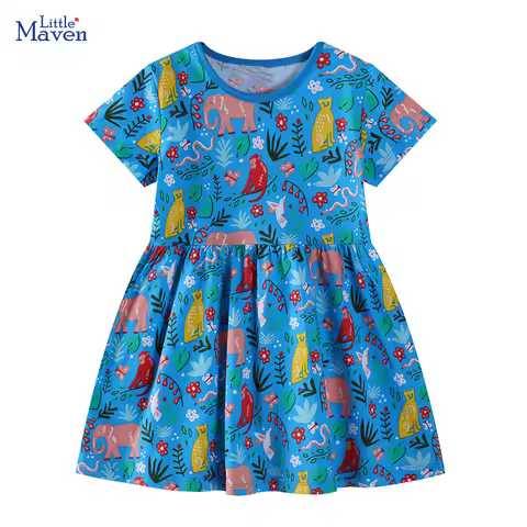 Little maven 2025 Summer New Kids Clothes Baby Girls Children's Clothing Cartoon Animals Dresses 2-7