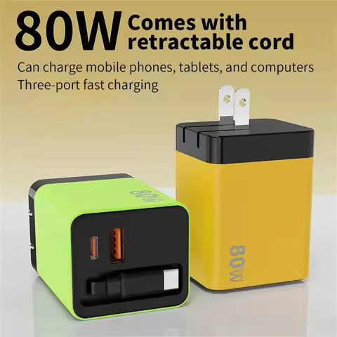 80W GaN PD USB-C Charging Head Fast Charger With Built-in 80cm TypeC Cable Suitable for Universal US