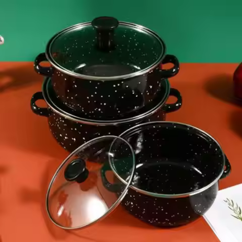 3Pcs/set Enamel Soup Pot Thickened Household Double Ear Enamel Stockpot Sturdy Simmer Pot Boiling Sa
