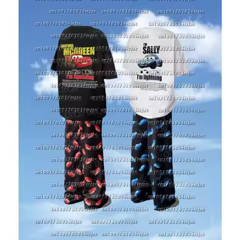 2025 McQueen & Sally Oversized Summer Pajama Set Cotton T-Shirt + Pants for Couples/Family Adults &