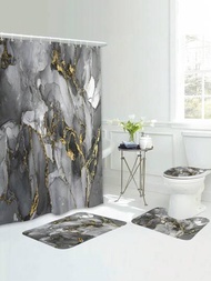 1入灰色和金色大理石設計浴室地墊或淋浴簾