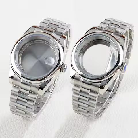 Silver 36mm/39mm Watch Case 20mm Stainless Steel Presidential Strap Set for Datejust Seiko NH35 NH36