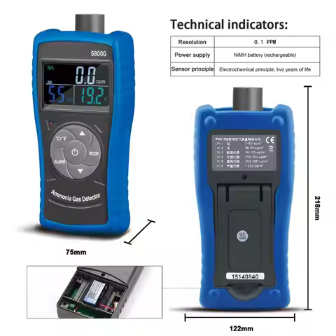 Ammonia Air Detector 5800G Monitor NH3 Gas Level W/Alert, 0-100ppm Particle Meter with USB Recharge