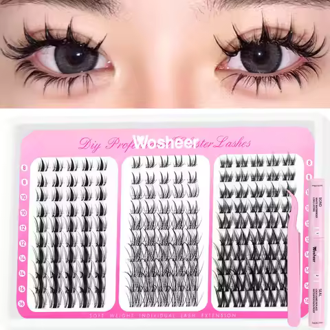 WOSHEER Manga Lash Clusters Kit Cat Lashes with Lash Bond & Seal Cluster Eyelash Extensions Mixed Tr