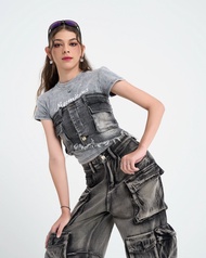 Niyom Jeans collection FABULOUS : รุ่น LY-03.2 เสื้อเกาะอก สีดำฟอก สม็อกหลัง ผ้ายืด