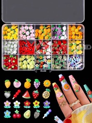 水果樹脂指甲油裝飾，包括草莓指甲油、可愛的3D櫻桃鳳梨桃子西瓜指甲藝術DIY裝飾，15格大盒裝