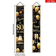 VIKAMA 80th Birthday Door Banner Set Black Gold Happy Birthday Hanging Durable Fabric Porch Banner f