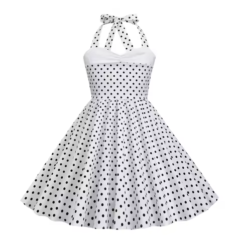 Polka Dots Girls Dress Summer Halter Neck Patchwork Fashion Princess Dress Children Kids 1950s Vinta