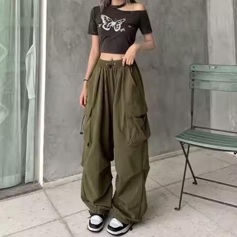 Women Casual Joggers Tech Pants Solid Low Waist Pants Drawstring Wide Leg Baggy Trousers Y2k Streetw