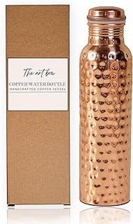 THE ART BOX Hammered Copper Water Bottle 34 Oz / 1000 ml Large with Anti Slip Bottom Leak Proof Lid Ayurvedic Pure Copper Vessel for Drinking, Travel, Sports, Fitness and Yoga