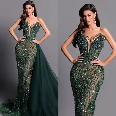 Exquisite Evening Dresses Beading Pearls Prom Dress Train See Through Strapless Customized Mermaid P