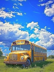 Colorful Yellow Bus Diamond Art Painting Kits for Adult, Transportation Vehicles 5D Diamond Art for 