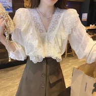 40-100kg 超大码300斤V领蕾丝衬衫女设计感小众别致洋气小衫长袖荷叶边上衣fat oversize pulssize T-shirts