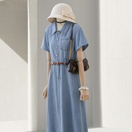 4U4U สไตล์ฮ่องกงยาว เดนิม กระโปรง แขนสั้นเปิดลง ปกเสื้อ บาง เดรส ผู้หญิง ฤดูร้อน ทันสมัย สวย เดรส