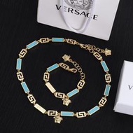 義大利時尚品牌Versace凡賽斯復古藍色琺瑯長方形項鍊 手鍊 代購