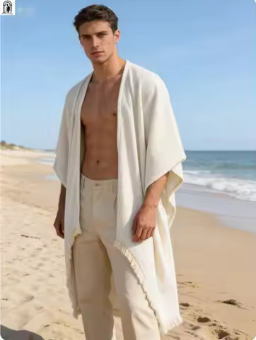 2026 New Men's Casual Tassel Hem Cape Lightweight Waffle Open Front Shawl for Beach Party & Streetwe