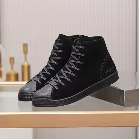 Handmade Men Casual Shoes Cow Suede Leather High-top Sneakers Black Ankle Boots Lace-up Motor-cycle