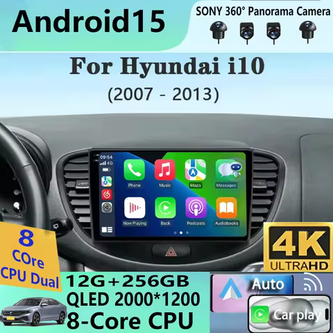 Android 15 Carplay Auto For Hyundai i10 2007 -2013 Multimedia video Player Navigation Car Radio WIFI