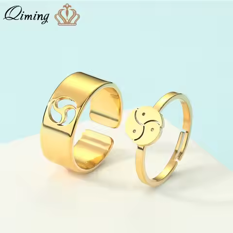 QIMING Yin And Yang Bdsm Men's Ring Set Stainless Steel Vintage Jewelry Open Adjustable Golden Finge