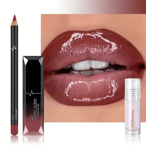 3PCS Ombre Lip Kit: Lip Liner + Lip Gloss + Lip Oil, Gradient Lips Makeup, Nude Shades, Hydrating, N