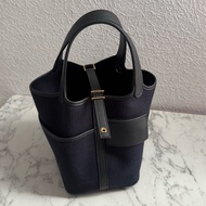Hermes深藍帆布/黑皮革金釦picotin18  超好看✨