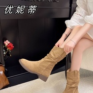 Suede Retro Western Cowgirl Boots - Women's Short Mid Tube Round Toe