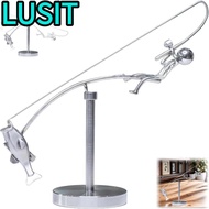 LUSIT Kinetic Fishing Sculpture, Metal Desk Ornament The Fisherman Balancing Sculpture, Creative Han