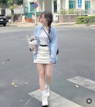 Set bộ 4 món áo 2 dây kèm quần short và áo khoác sọc dọc có thắt lưng cá tính DX