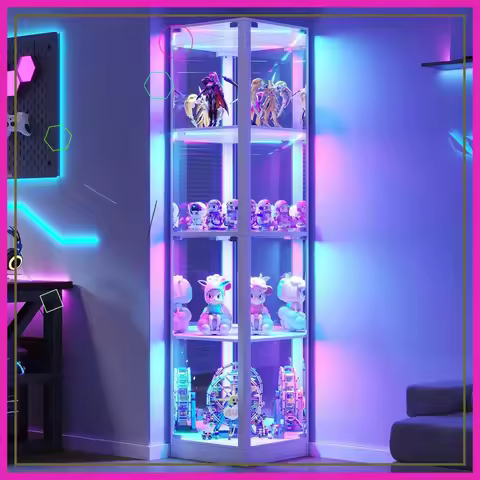 68" Corner Display Cabinet with RGB Lights, 4-Tier Glass Curio for Collectibles Toys Books, Space-Sa