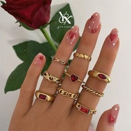 YX Vintage Geometric Pearl Shell Gemstone Heart Chain Ring 9 Piece Set Y2K Stacking Jewelry for Wome