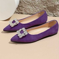 Large Size 31-46 Flat Sole Rhinestone Pointed Toe Shoes Women Black Work Shoes Rhinestone Square Buc