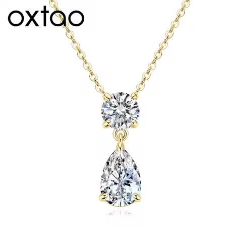 OXTAO Pear Teardrop Cut Moissanite Necklace 2.5ct&1.0ct D VVS1 14K Gold Filled for Women Two-Stone C