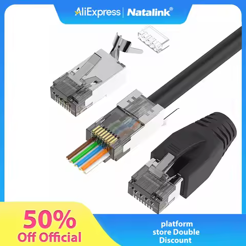 Natalink CAT6A CAT7 RJ45 Connector Pass Through Shielded 3-Prong Gold Plated Modular Network Plug wi