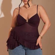 Plus-Size Women's Elegant Dark Purple Ruffled Mesh Bodycon Camisole, Y2K Top With Metallic Embellish