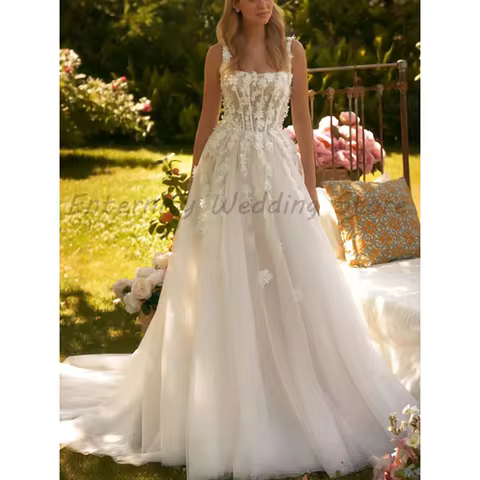 Elegant Ivory Square Neck A-Line Wedding Dress Luxury 3D Floral Lace Tulle Corset Bridal Gown with T