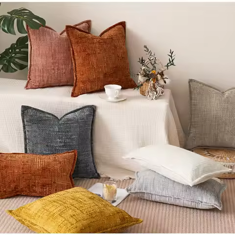 Chenille Throw Pillow Case with Edge Pressed Design Bamboo Yarn Texture Cushion Covers for Home Bedr