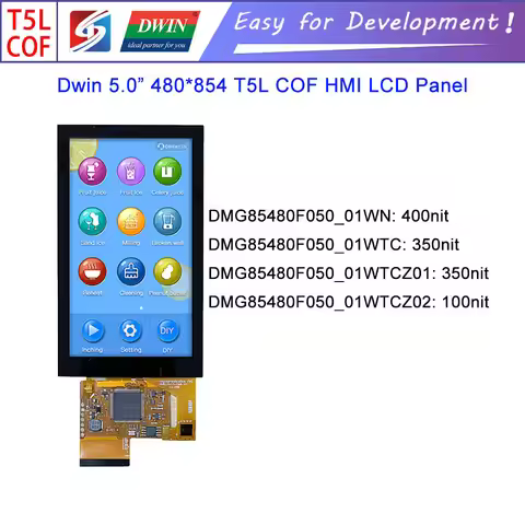 Dwin T5L HMI Intelligent Display, DMG85480F050_01W 5.0" 854X480 COF UART IPS LCD Module Screen Capac