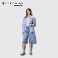 Giordano Women Classic Cotton Oxford Acute Collar Long Sleeves Loose Fit Button Front Shirt