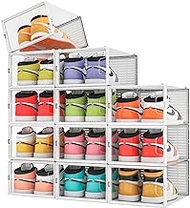 Gr3n House 12 pack Crystal Clear Shoe Storage Boxes, Ceramic White Stackable Shoe Storage – Shoe Organizer Space Saver for Closet, Bedroom. Plastic Shoe Box for Size up to US 11 (white) Sneaker Boxes
