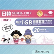 【求Plan王】日本/韓國 中國聯通 6日 6GB+其後無限+20分鐘通話上網卡 免運費
