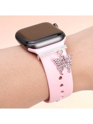 1入組金屬鑲鉆閃爍粉色蝴蝶手錶表帶飾品環,適用於 Apple Watch 帶配件,galaxy Watch 系列表帶飾品