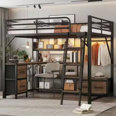 Queen Loft Bed w/ L-Desk Charging Station Metal Loft Bed w/ Shelves Wardrobe Drawers LED Gaming Bunk