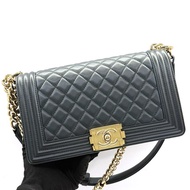 CHANEL 香奈兒 灰藍羊皮BOY 25CM 肩背斜背包（無卡）