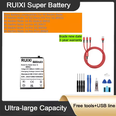 RUIXI Ultra Large Capacity Battery For Xiaomi Redmi Note 14 5G/14 4G Global/14 Pro 4G/14 Pro 5G/14 P