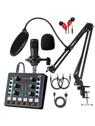 播客設備套裝 - 黑色 Bm-800 麥克風套裝,帶語音轉換器,電容式錄音室麥克風,帶現場聲卡 - 筆記本電腦音頻接口