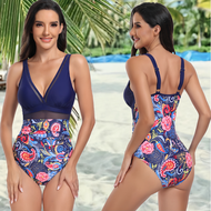 M-2XL One Piece Swimsuit for Women Patchwork Swimwear Plus Size Swimming Attire Deep V Neck Backless