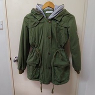 SAMQE SANOE 綠色 配 灰色 連帽  假兩件 長袖 拉鏈  中長版 外套 Green Long Sleeves Coat